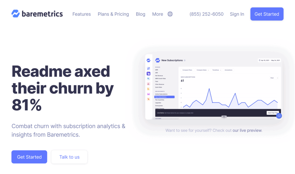 Baremetrics homepage for seo friendly content 